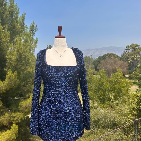 NWOT Princess Polly Vinelle Sequin Sparkling Navy Blue Long Sleeve Dress - Picture 4 of 10